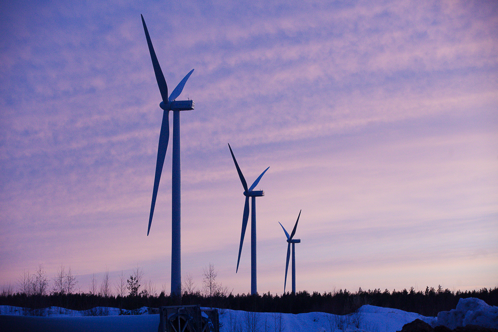 Three windmills, purple sky and forest line in the background.