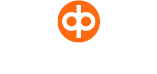 Valkoinen OP:n logo pyöreällä oranssilla pohjalla. Teksti OP Etelä-Karjala