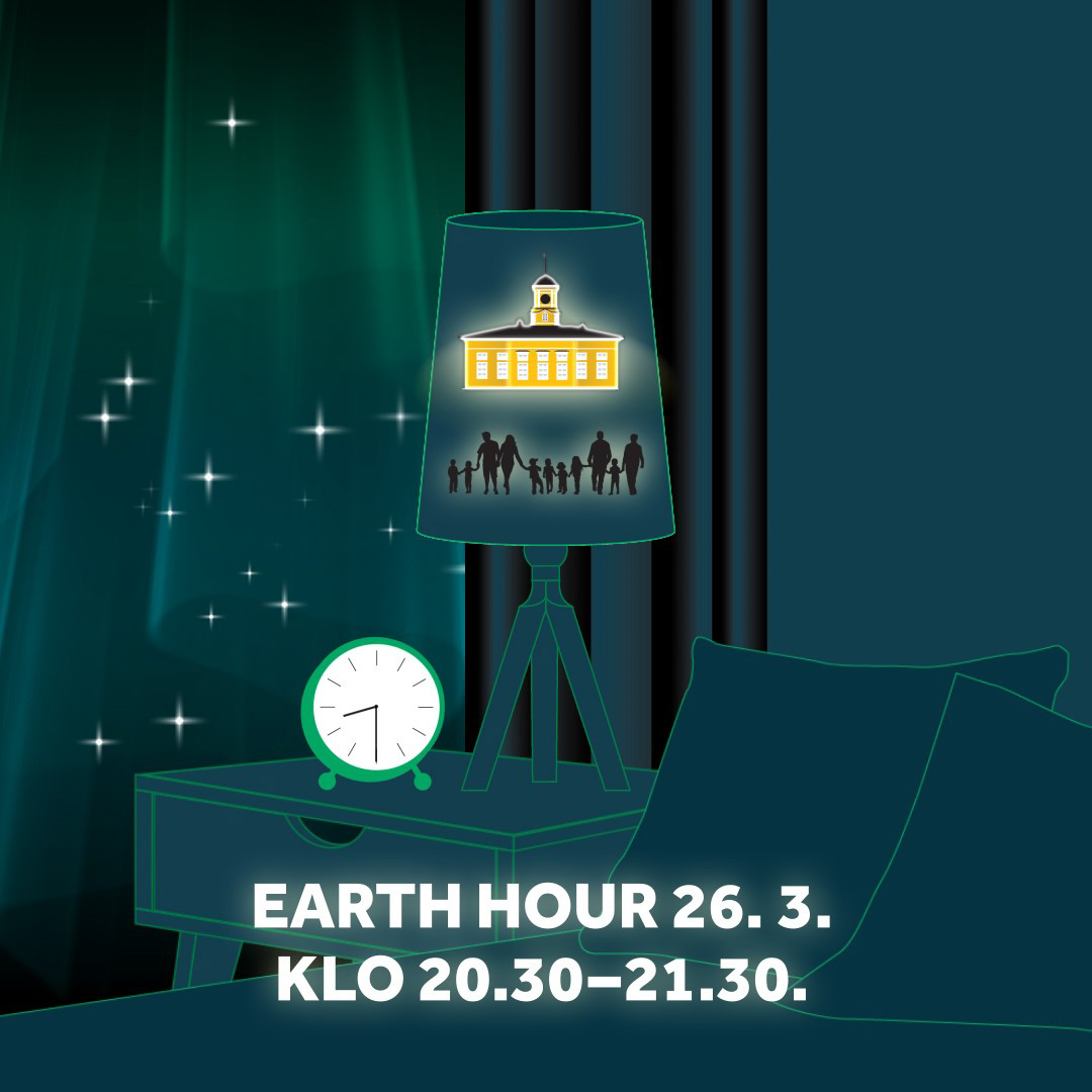 Animoitu kuva pimeästä makuuhuoneesta. Yöpöydällä herätyskello ja lamppu, jonka varjostimessa ihmisiä ja Lappeenrannan raatihuone. Teksti Earth Hour 26.3. klo 20.30-21.30