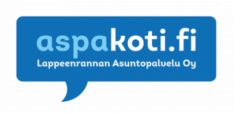 A blue speech bubble-like logo with a text: aspakoti.fi Lappeenrannan asuntopalvelut Oy.