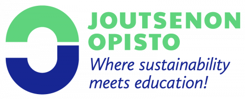 Logo, jossa sinivihreä kuvio ja teksti Joutsenon Opisto Where sustainability meets education!